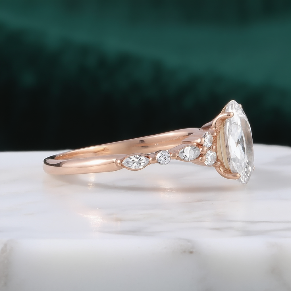 Oval cluster rose gold ring side view