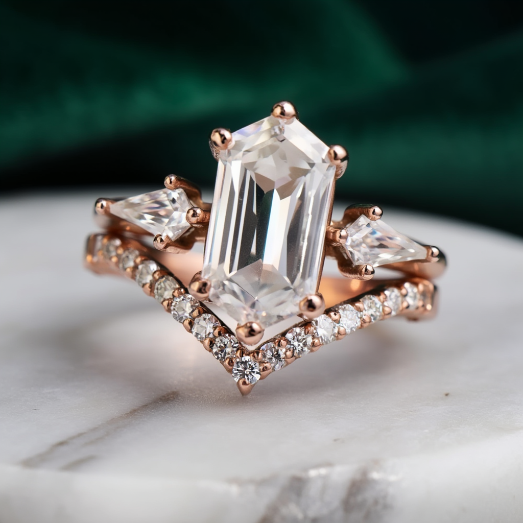 Hexagonal rose gold ring front view