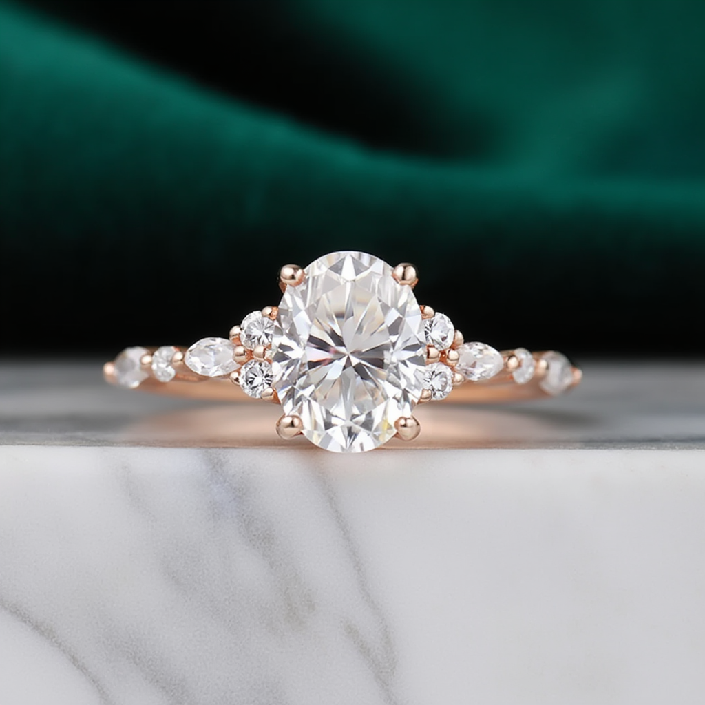 Oval cluster rose gold ring front view