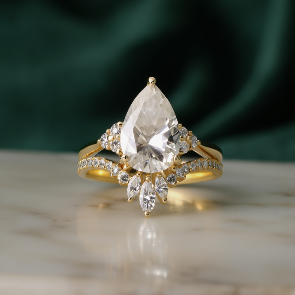 Pear solitaire ring front view