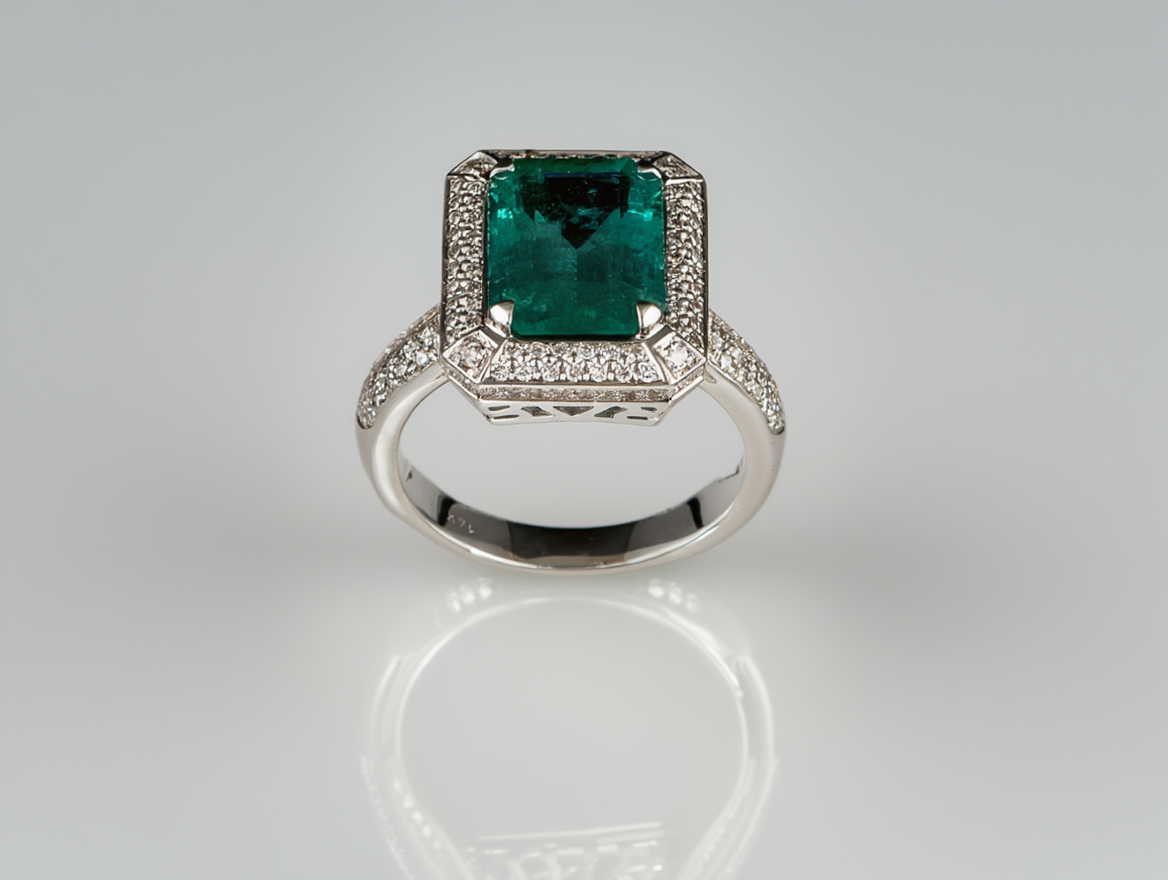 Emerald cut green gemstone ring